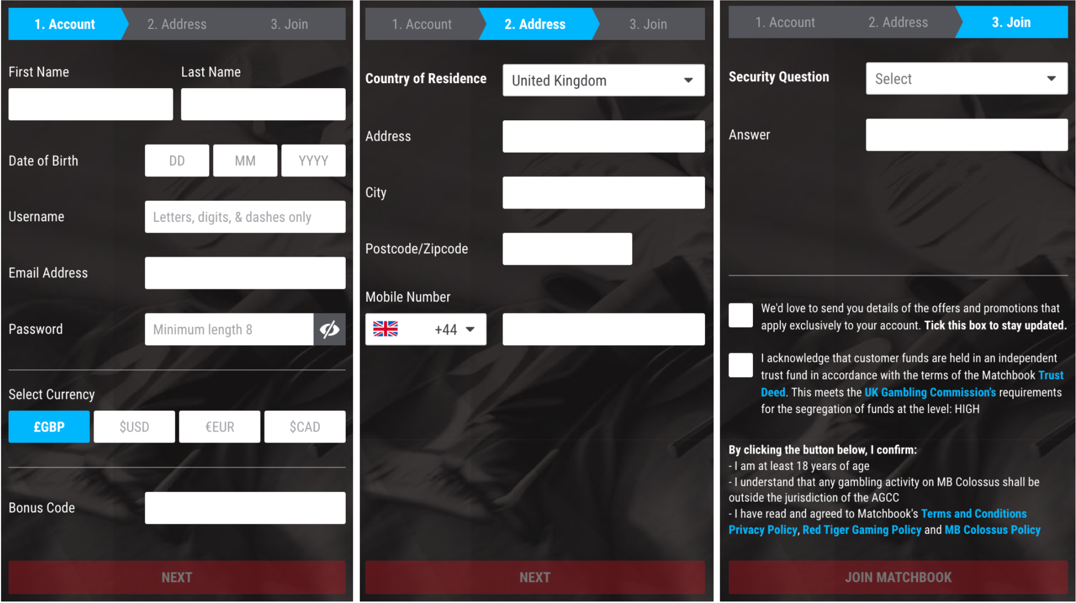 Matchbook's 3 step registration process, with personal information, address, and security question fields